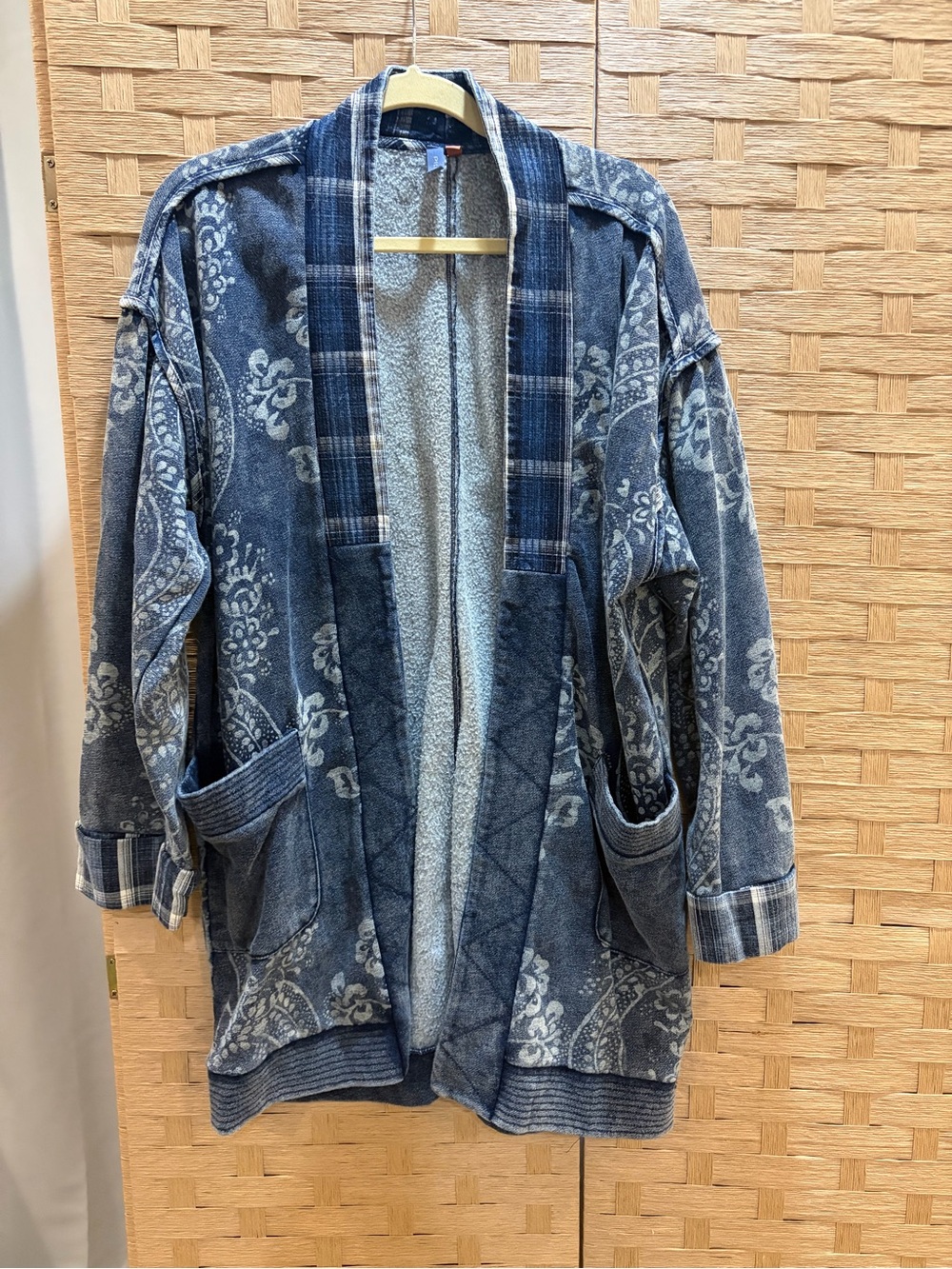 Anthropologie Blue Paisley Open Front Duster Cardigan Boho Cozy Pockets L/XL - Picture 2 of 7